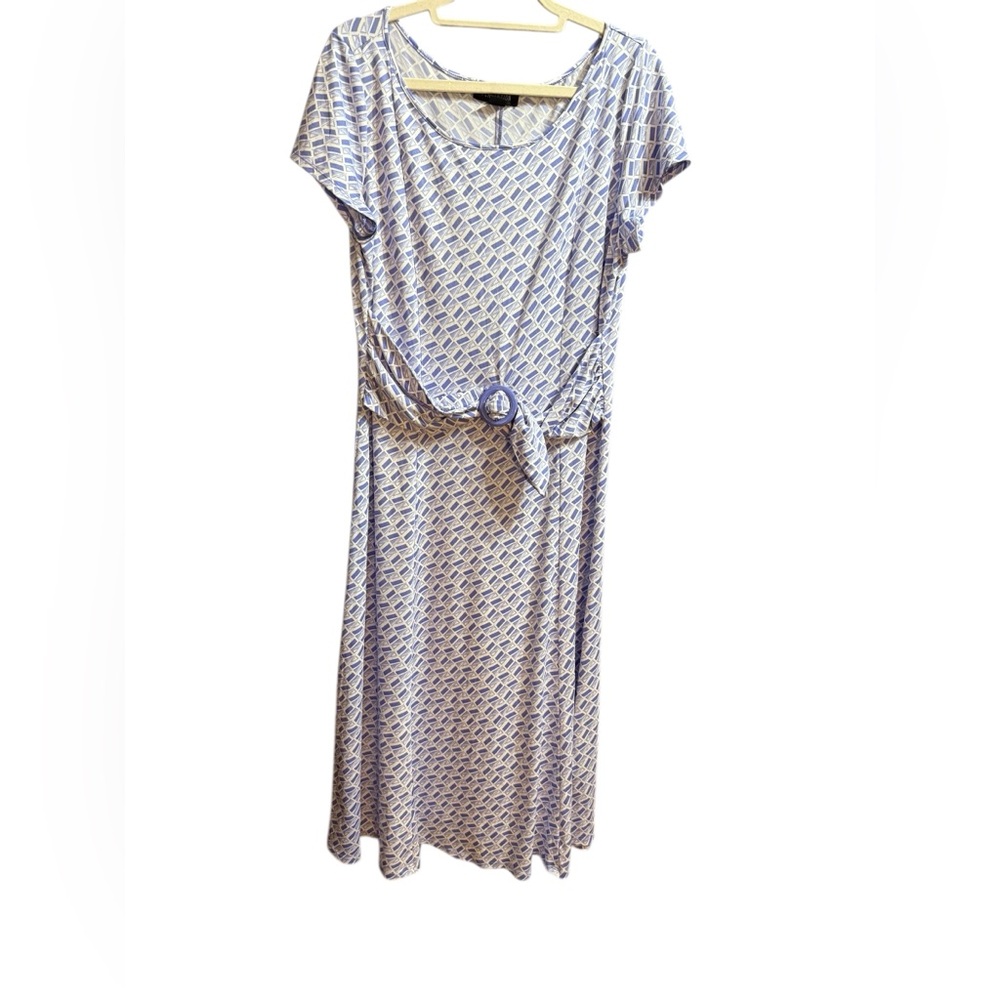 Vintage Purple & White Geometric Patterned Midi Dress Retro Belt Detail Sz‎ XL